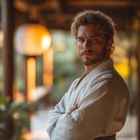 A confident Caucasian male in a traditional martial arts gi, standing poised in a serene wooden setting with soft, warm lighting. photo