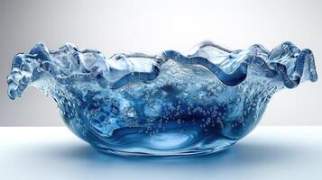 A stunning blue glass bowl with a wavy edge, adorned with bubbles, depicting elegance and craftsmanship. photo