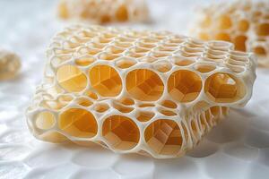 Close-up of intricately structured honeycomb, showcasing its hexagonal patterns and natural hues. photo