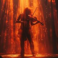 A woman of unknown ethnicity passionately playing the violin under a dramatic orange light, creating a captivating silhouette. photo