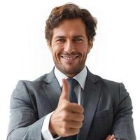 Confident Caucasian man in a suit giving a thumbs up gesture, exuding positivity and professionalism. photo