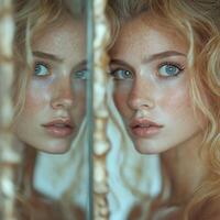 A close-up of a young Caucasian woman with striking green eyes and freckles, reflecting in a mirror with soft lighting. photo