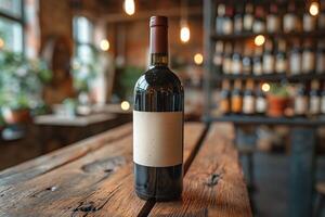 A sleek red wine bottle with a blank label, elegantly displayed on a rustic wooden table in a warm, inviting setting. photo