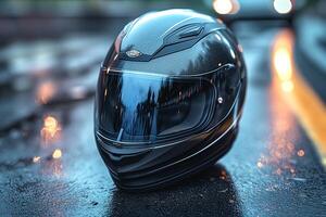 A sleek black motorcycle helmet resting on a wet road, reflecting vibrant lights from headlights in the background. photo