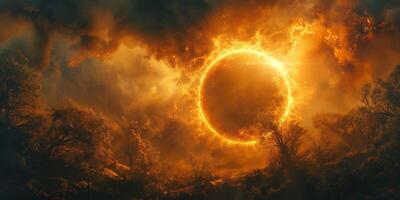 A breathtaking view of a solar eclipse surrounded by a mystical, fiery atmosphere in a forest setting. photo