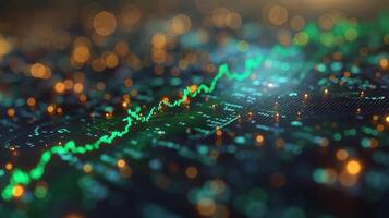 A close-up view of a digital stock market graph with green indicators against a blurred background of glowing lights. photo