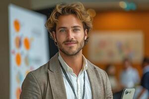 Confident young Caucasian man in a blazer, smiling and holding a smartphone at a networking event. photo