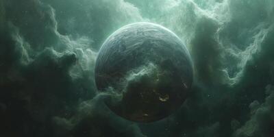 A stunning celestial view of a planet surrounded by ethereal green clouds, evoking a sense of mystery and wonder. photo