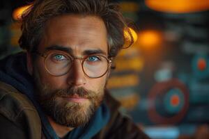 Close-up portrait of a handsome Caucasian man with blue eyes and a beard, wearing glasses in a cozy, warmly lit setting. photo