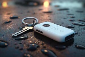 A close-up of a modern car key fob and silver key resting on a wet, reflective surface. photo