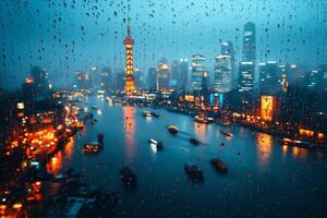 A vibrant view of a city skyline through rain-soaked glass at night, capturing the mood and lights of a bustling metropolis. photo