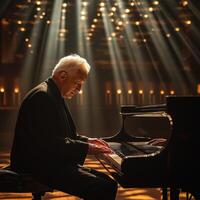 Elderly Caucasian man in a black suit playing the piano under soft, dramatic lighting. photo