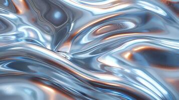 Abstract metallic surface with flowing, wavy patterns in silver and copper tones. photo