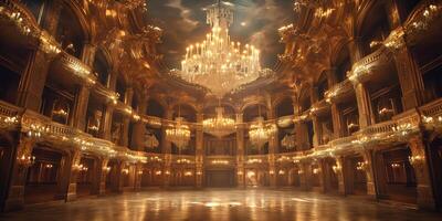 A grand, opulent theatre interior with magnificent chandeliers and intricate golden architecture, evoking a sense of elegance and history. photo