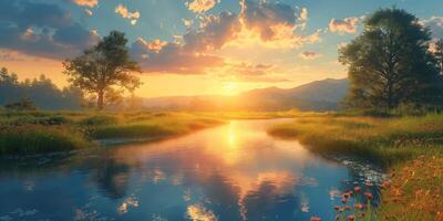 A serene landscape showcasing a vibrant sunset over a calm river surrounded by lush greenery. photo