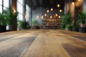 Close-up of a rustic wooden table with blurred interior setting, evoking a warm and inviting atmosphere. photo