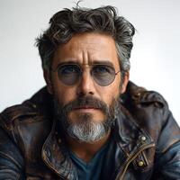 A serious middle-aged man with wavy gray hair and glasses, wearing a leather jacket, gazes intently at the camera. photo