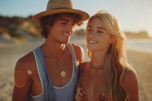 A young couple enjoying a romantic moment on the beach during sunset, exuding warmth and happiness. photo