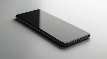 A sleek black smartphone lies elegantly on a smooth surface, showcasing its modern design and glossy screen. photo