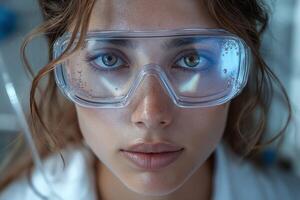 Close-up of a young woman with long brown hair wearing protective goggles in a laboratory setting. photo