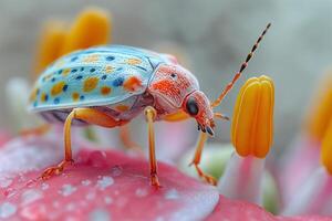 A vibrant macro shot of a colorful beetle perched on a pink flower, showcasing intricate patterns and vivid colors. photo