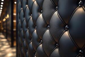 Close-up of an elegant black tufted wall, showcasing rich texture and glossy buttons. photo