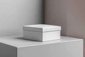 A minimalist white gift box elegantly placed on a simple pedestal in a soft, neutral-toned setting. photo