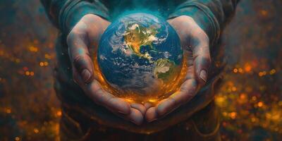 A person cradling a glowing Earth in their hands, symbolizing care and stewardship for the planet. photo