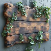 A rustic wooden sign adorned with green ivy, adding a touch of nature to a weathered background. photo