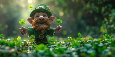 A joyful, animated leprechaun holding shamrocks, surrounded by vibrant greenery, exuding a whimsical and cheerful vibe. photo