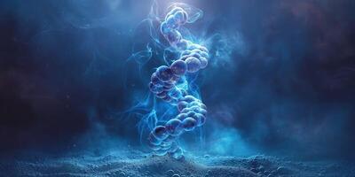 A dynamic representation of a double helix structure glowing in vibrant blue hues, surrounded by swirling particles. photo
