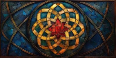 Intricate stained glass artwork featuring a vibrant red centerpiece surrounded by golden intertwining patterns. photo