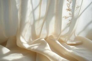 Soft, delicate cream curtains gently flowing in sunlight, featuring elegant embroidered patterns. photo