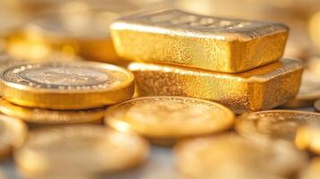 Stacks of gleaming gold bars and coins reflecting warm light. photo