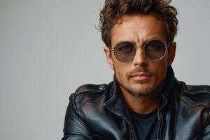 Stylish Caucasian man in a black leather jacket and sunglasses, exuding confidence and attitude. photo