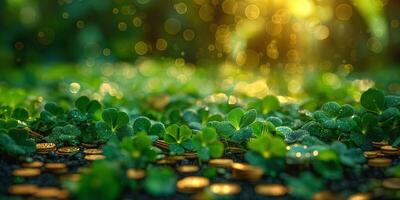 A shimmering scene of lush green clovers adorned with dew, surrounded by golden coins under soft sunlight. photo