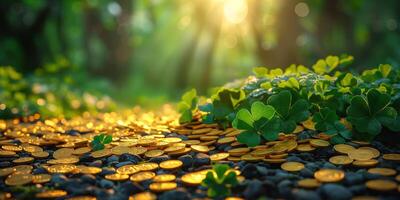 A serene scene featuring vibrant green clovers and gleaming gold coins illuminated by soft sunlight. photo