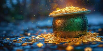 A shimmering pot of gold sits atop a glittering treasure, illuminated by soft, warm light amidst a misty background. photo