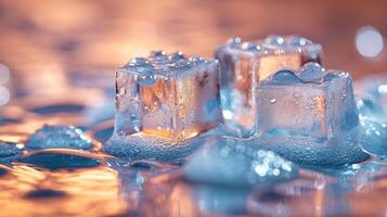 Three clear ice cubes resting in shallow water with intricate bubbles, reflecting warm ambient light. photo
