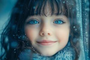 Close-up of a smiling young girl with blue eyes and dark curly hair, framed by soft snowflakes, radiating joy in a wintry setting. photo