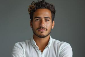 A confident young Hispanic man with curly hair poses with crossed arms, showcasing a calm expression against a neutral background. photo