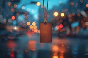 A blank price tag hanging against a dreamy bokeh background of city lights, inviting possibilities and creativity. photo