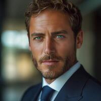 Confident Caucasian man in a suit with striking blue eyes, exuding professionalism and charm. photo