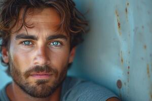 Close-up of a young Caucasian man with striking blue eyes and tousled hair, conveying a contemplative mood against a textured backdrop. photo