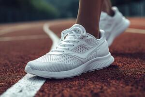 Close-up of a person's foot in white athletic shoes on a red running track. photo