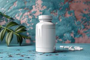 A minimalist white pill bottle with scattered capsules, set against a textured turquoise and pink background, evoking a calm atmosphere. photo