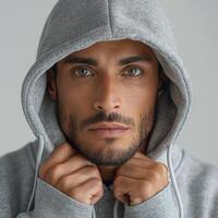 Close-up of a young Hispanic man with intense eyes, wearing a gray hoodie, exuding a contemplative mood. photo