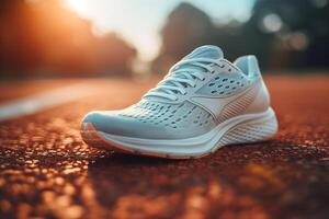 Close-up of a white athletic shoe on a track during sunset, showcasing its sleek design and breathability. photo