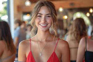 A young woman with long brown hair smiles brightly in a casual dining setting, wearing a vibrant red dress. photo