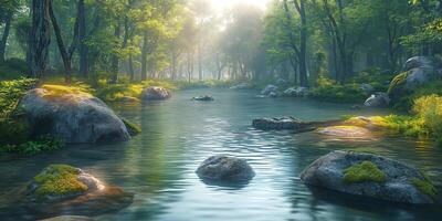 A serene river scene with sunlight filtering through lush green trees, reflecting off calm water and highlighting smooth stones. photo